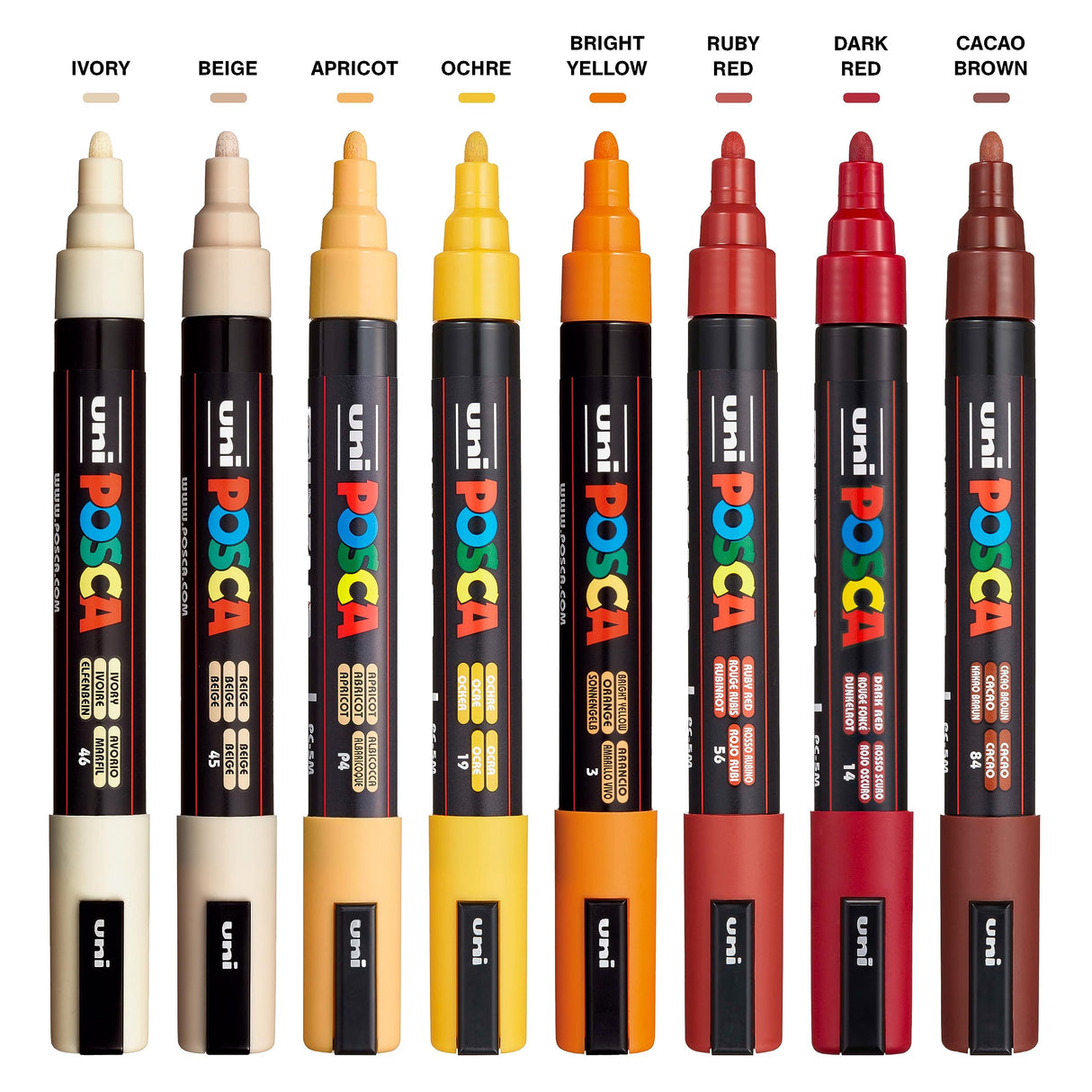 Posca Markers Set, 8 Medium Paint Markers 5M – Warm Tones – Ivory, Beige, Apricot, Ochre, Bright Yellow, Ruby Red, Dark Red, Cacao Brown posca