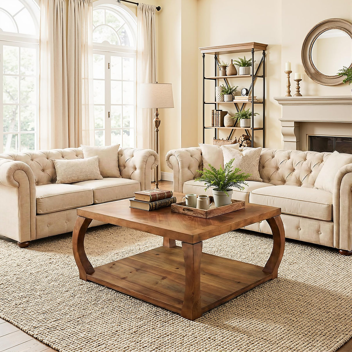 TRIBEWOOD 31.49“ Square Solid Wood Coffee Table, Farmhouse Center Table with Storage, Accent Cocktail Table for Living Room, Brown TRIBEWOOD