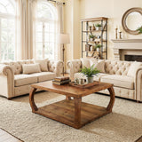 TRIBEWOOD 31.49“ Square Solid Wood Coffee Table, Farmhouse Center Table with Storage, Accent Cocktail Table for Living Room, Brown TRIBEWOOD