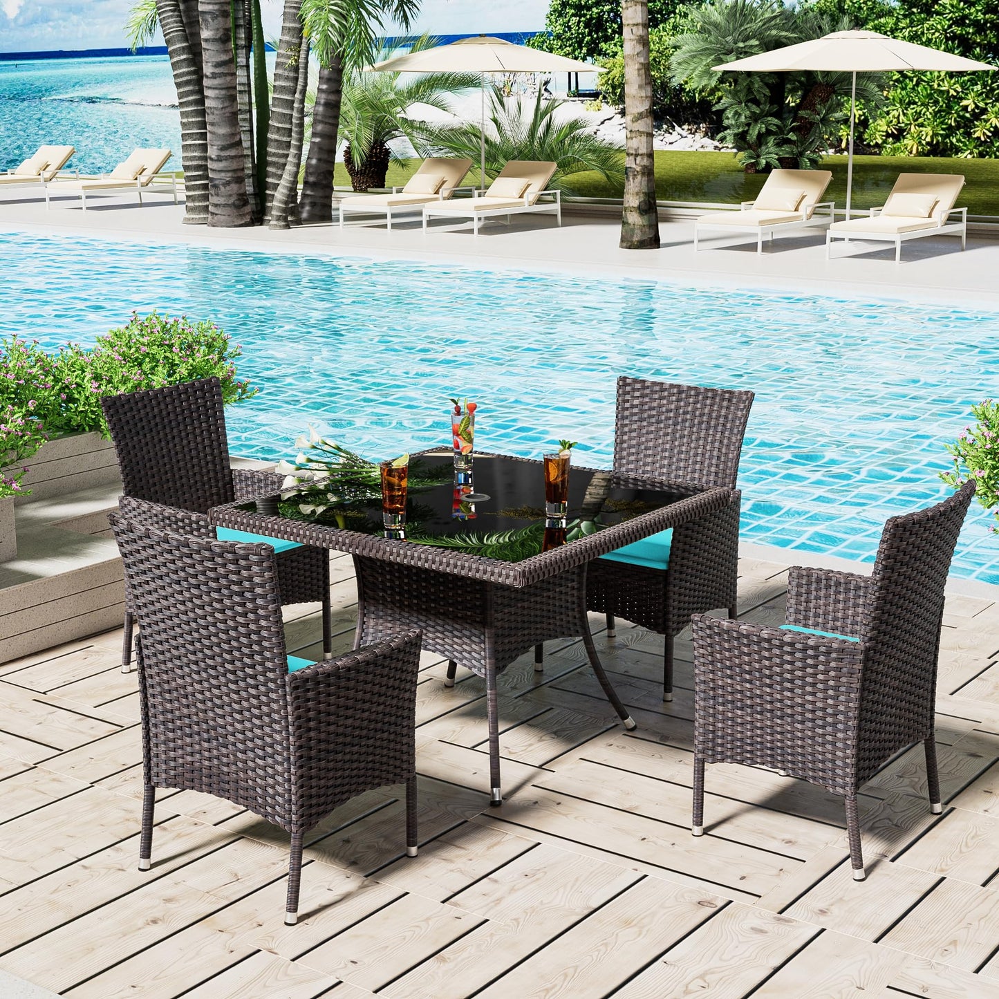 ASJMR 5 Pieces Dining Sets for 4 with Rattan Wicker Dining Set Chairs and Square Table Glass Top with Umbrella Cutout, Outdoor and Indoor Set for patio, backyard, garden, poolside, kitchen- Blue