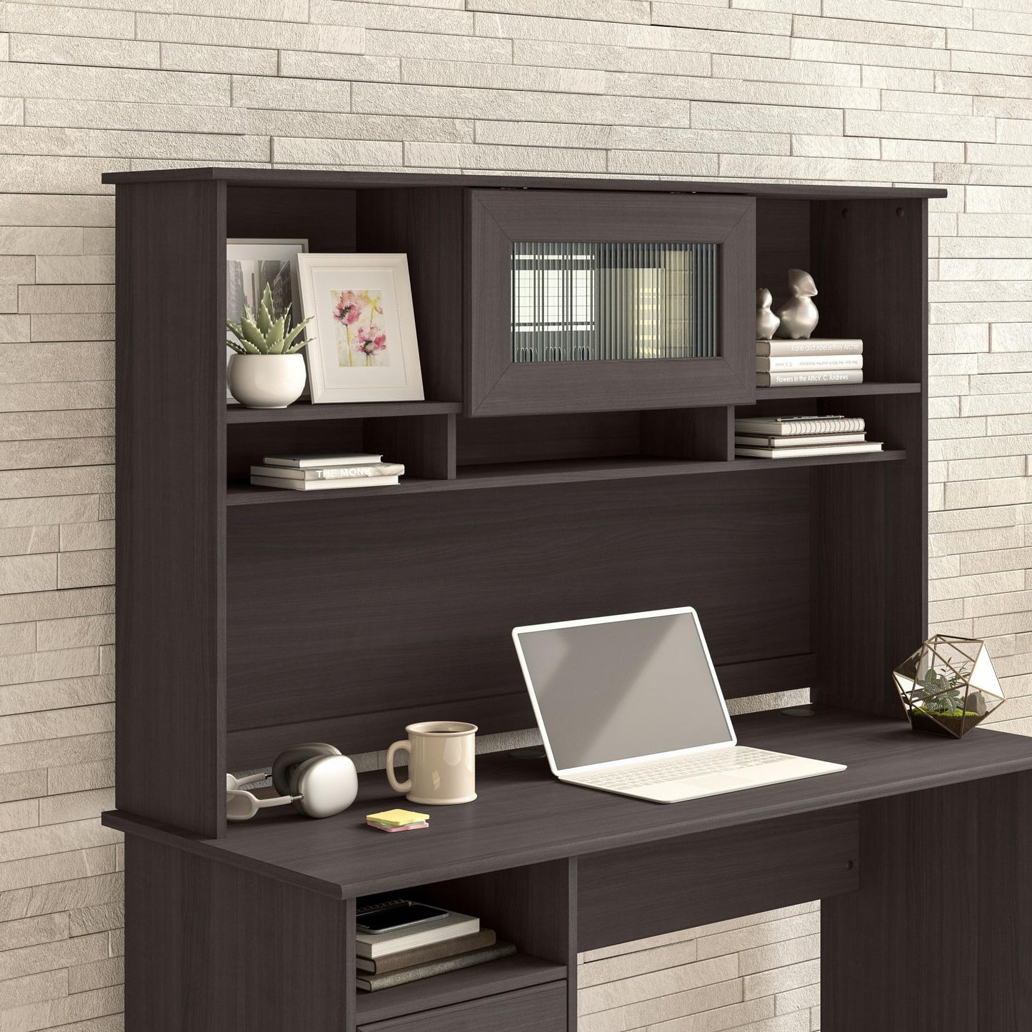 Bush Furniture Cabot 60W Desk Hutch with Shelves and Cabinet in Heather Gray - WoodArtSupply