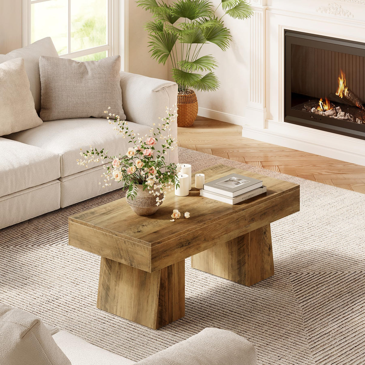 LITTLE TREE Farmhouse Coffee Table, 47 Inches Wooden Rectangular Accent Center Tables with Thick Base, Modern Low Cocktail Tea Furniture for Living Room (Rustic Brown) LITTLE TREE