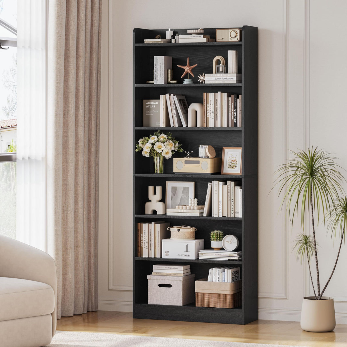 Yaheetech 7-Tier Open Bookcase and Bookshelf, Modern Simple Floor Standing Display Storage Shelves with Top Open Compartment for Home Office, Living Room, Bed Room - Black Yaheetech