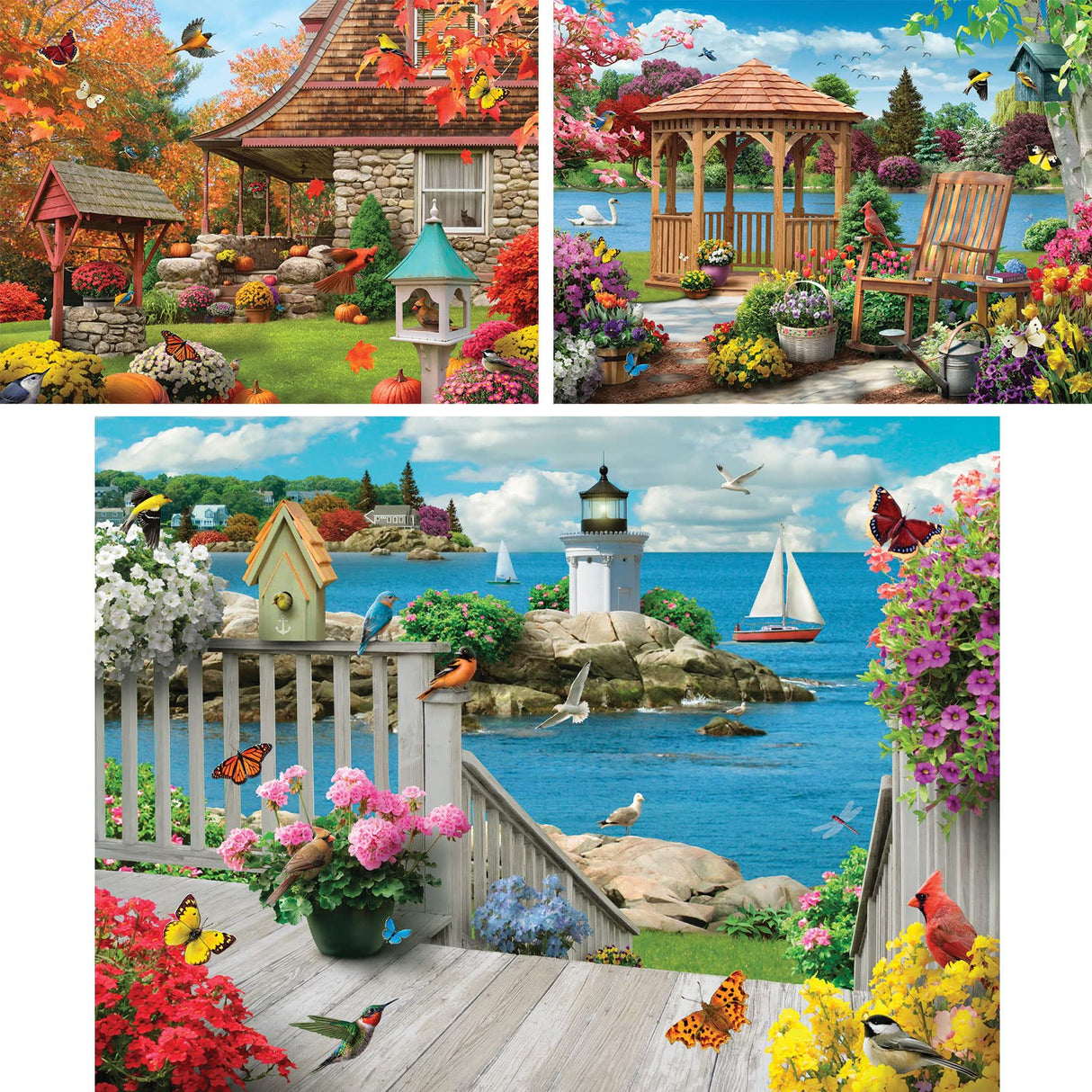 Bits and Pieces – Value Set of Three 500 Piece Jigsaw Puzzles for Adults – Autumn Well Wishes, Seacost Serenity, Floral Fantasy Jigsaw Puzzles by Artist Alan Giana, Completed Puzzle Size: 18" x 24" Bits and Pieces