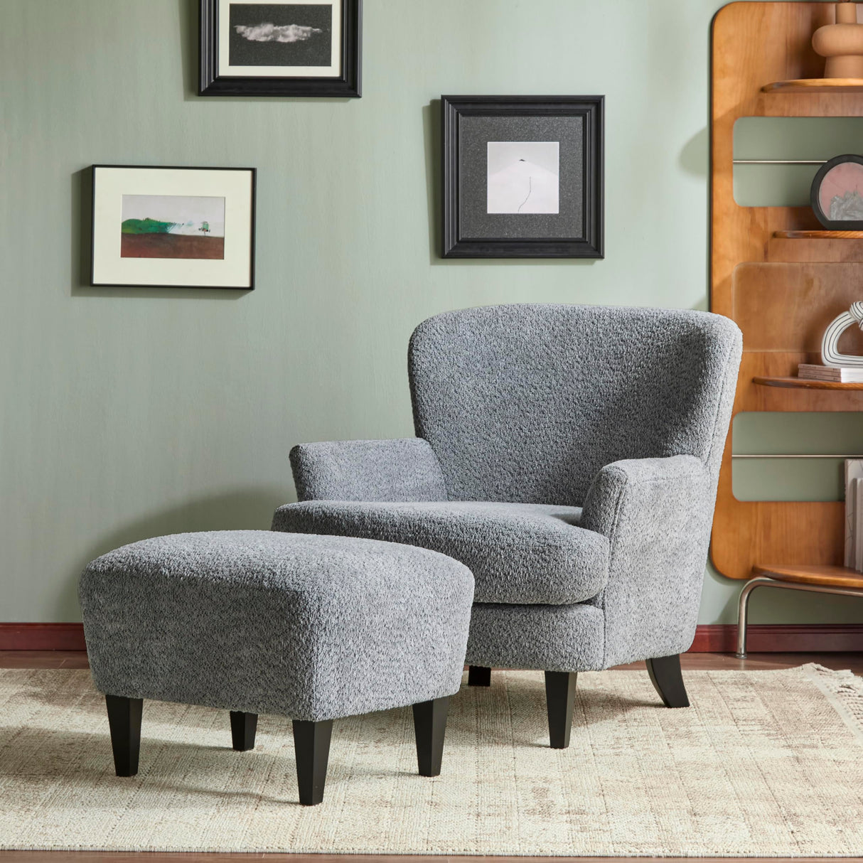 Christopher Knight Home Winnie Boucle Upholstered Wingback Accent Chair and Ottoman Footrest, Living Room Lounge Chair and Ottoman Set, Bedroom Comfy Reading Chair with Footrest Stool, Dusty Blue Christopher Knight Home