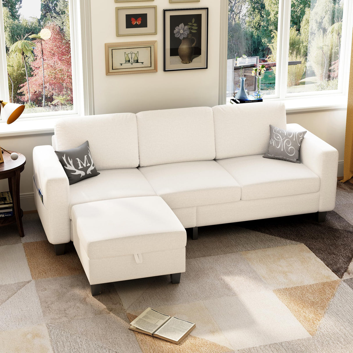 Lonkwa Sectional Sofa Couches for Living Room, 78'' Beige 3 Seater L-Shaped Couch with Storage Ottoman, Comfy Fabric Convertible Sectionals Sofas with Chaise for Apartment, Office, Small Space Lonkwa