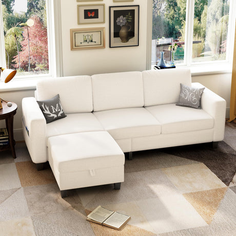 Lonkwa Sectional Sofa Couches for Living Room, 78'' Beige 3 Seater L-Shaped Couch with Storage Ottoman, Comfy Fabric Convertible Sectionals Sofas with Chaise for Apartment, Office, Small Space Lonkwa