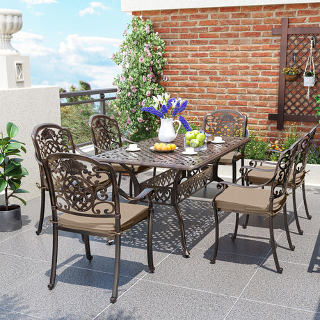 Pamapic 7-Piece Patio Dining Set,Outdoor Cast Aluminum Furniture Set with Vintage Table Top (with 6 Cushion,Bronze) Pamapic
