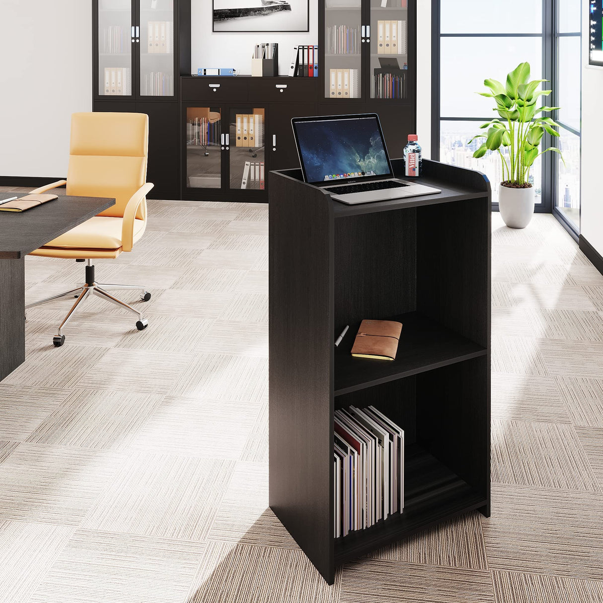 Podium Stand Portable,Church Pulpit Podium with Wheels,Lectern for Classrooms,Podium Stand Hostess Stand Reception Desk with Storage Shelves,Black YUUAU