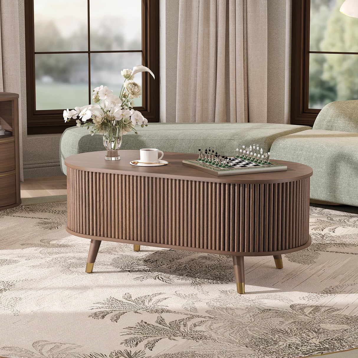 JOINICE 42.5" Oval Lift Top Coffee Table with Storage, Mid Century Modern Walnut Center Table with Fluted Design, Solid Wood Legs & Hidden Compartment, Pop Up Cocktail Table for Living Room JOINICE