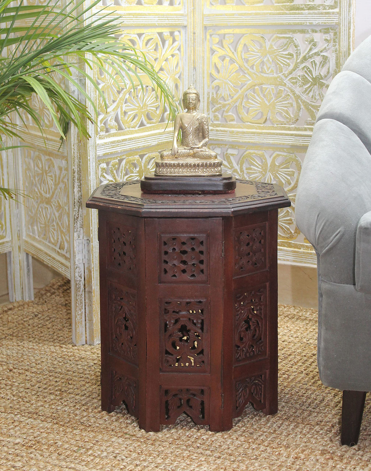 COTTON CRAFT Solid Wood Accent End Table - Hand Carved Vintage Boho Folding Side Table - Small Spaces Entryway Farmhouse Living Room Bedside - No COTTON CRAFT