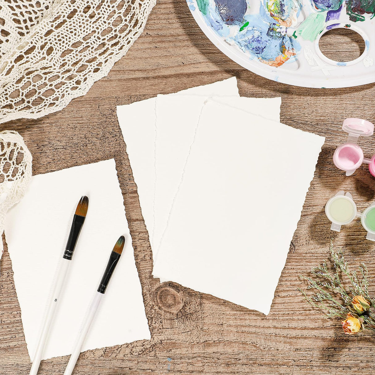 25 Sheets Watercolor Paper, 300 GSM Deckled Edge Paper 4 x 6 inch Rough/Textured Handmade Paper Cotton Paper White Textured Paper for Watercolors, Wedding Invitations, Cards, Crafts Prudiut