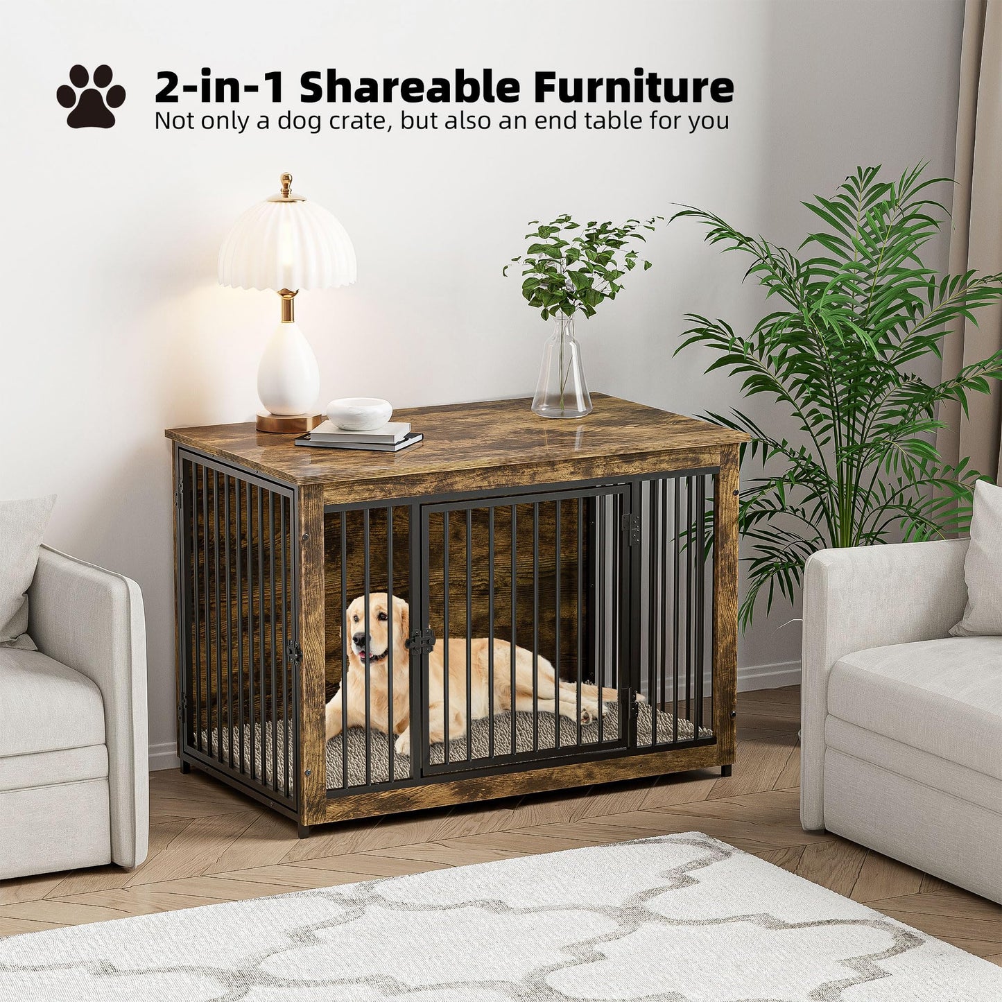 BREEZEHEAT Dog Crate Furniture with Cushion, 38'' Wooden Dog Crate Kennel with Double Doors, Heavy-Duty Dog Cage End Table for Small/Medium Dog, Indoor Dog House, Rustic Brown - WoodArtSupply