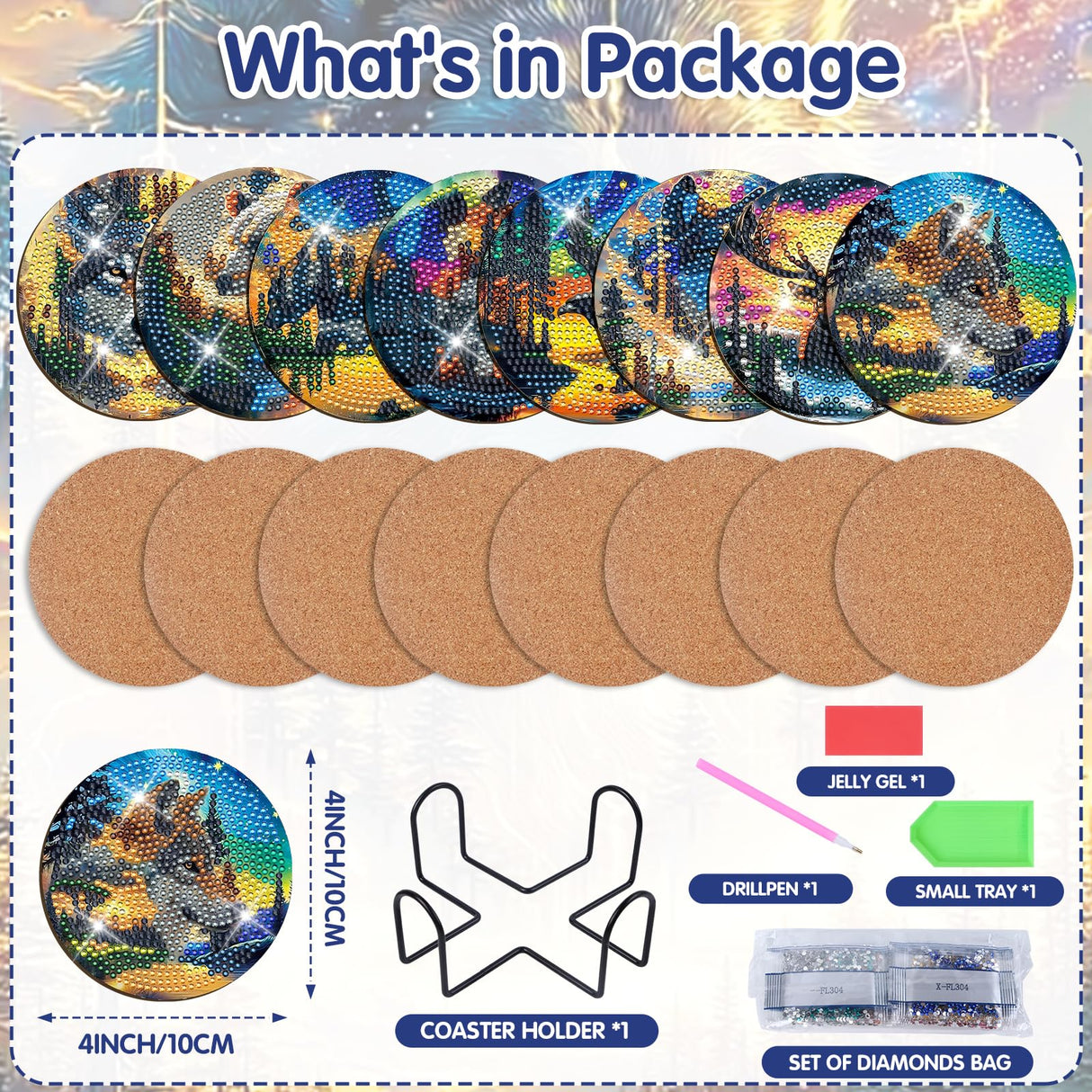 Sitsink Wolf Diamond Art Coasters - 8 Pcs DIY Wolf Eagle Deer Forest Landscape Adult Diamond Painting Coasters Kits with Holder for Adults Men Women Beginners Aniaml Lover Gift Crafts Supplies Sitsink