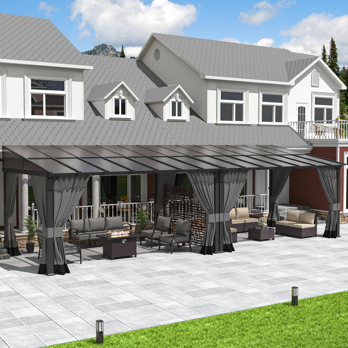 Kurapika 10’ x 24’ Gazebo, Wall Mount Gazebo Outdoor Pergola, Hardtop Lean to Gazebo Canopy Awnings with Sloped Roof and Sturdy Steel Frame, for Patio, Porch, Deck, Backyard(Grey) Kurapika