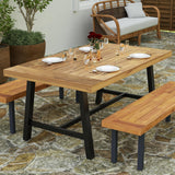 Merrick Lane Zuli Solid Acacia Wood Dining Table in a Natural Finish with Black Metal Legs for Indoor and Outdoor Use Merrick Lane