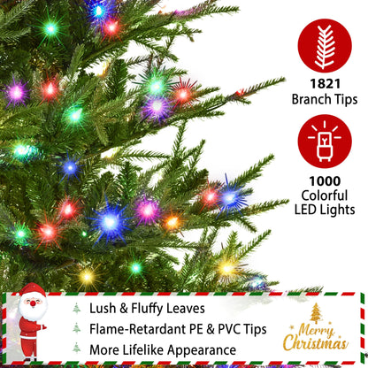 Yaheetech 7.5ft Full Christmas Tree with 1000 Multicolored LED Lights & 1821 Unique Forked Tips,Hinged Tree for Garden,Office,Pre-lit Artificial Christmas Tree with Foldable Metal Stand,Green