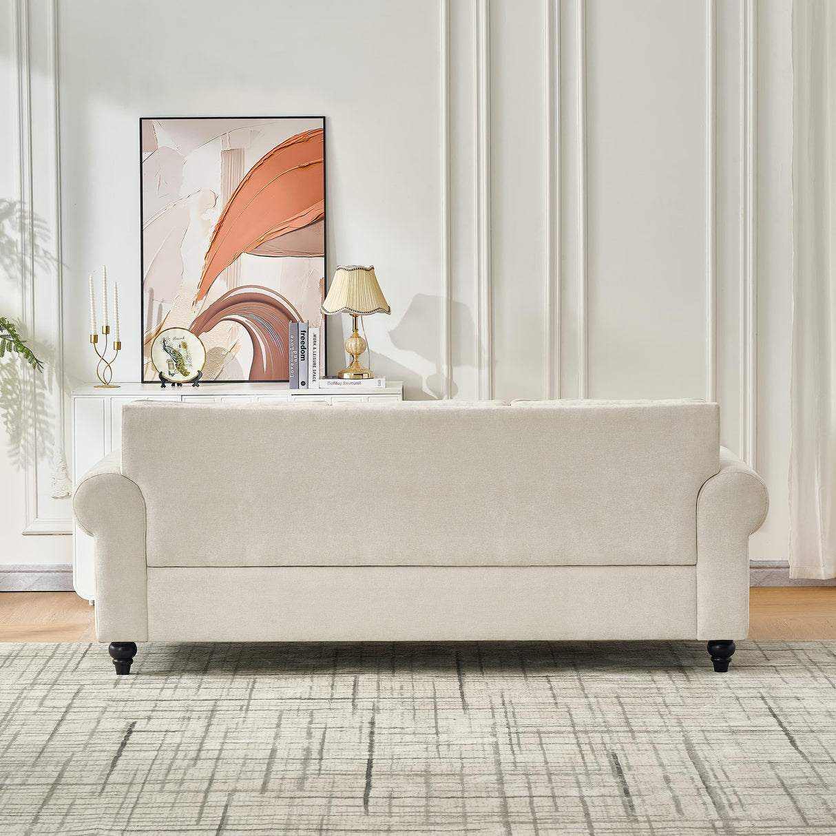 Asucoora 86.5" Classic Chenille Sofa Couch 3-Seater | Chesterfield Style with Traditional Rolled Arms, Nailhead Trim & Solid Wood Frame | Living Room Upholstered Couch | Beige Asucoora