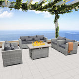 WAROOM Patio Furniture Set 5 Piece Grey Wicker Outdoor Furniture with Fire Pit Table, Patio Sectional Sofa Couch Sets Backyard Deep Seating PE Rattan Chairs, Grey Cushion WAROOM