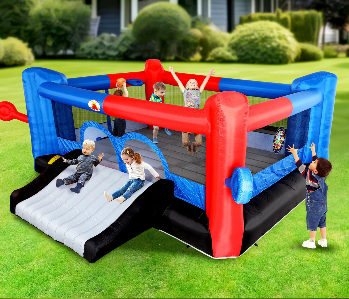WELLFUNTIME Inflatable Bounce House with Slide, 15.3ft x 14.7ft, Jumping Castle with Blower, Dartboard, Dual Basketball Hoop, Dual Kicking Boards, Jumping Area for 6 Kids WELLFUNTIME