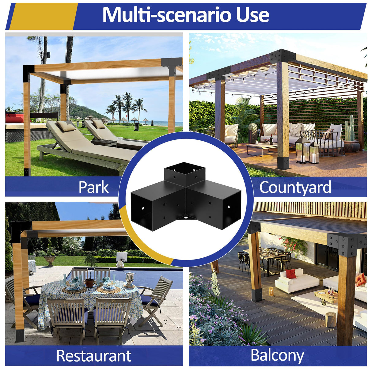 Heavy Alloy Steel Pergola Kit with 3-Way Pergola Brackets for 6"x 6" (Actual 5.5" X 5.5") Lumber，DIY Pergola Brackets Suitable for Pergolas，Gardens，and Metal Gazebo Kits - Includes Screws JEXALINE