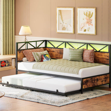 LIKIMIO Daybed with Trundle, Metal Twin Size Bed Frame with Charging Station and LED Lights, Sofa Day Bed with Strong Supports for Living Room, Bedroom and Guest Room LIKIMIO