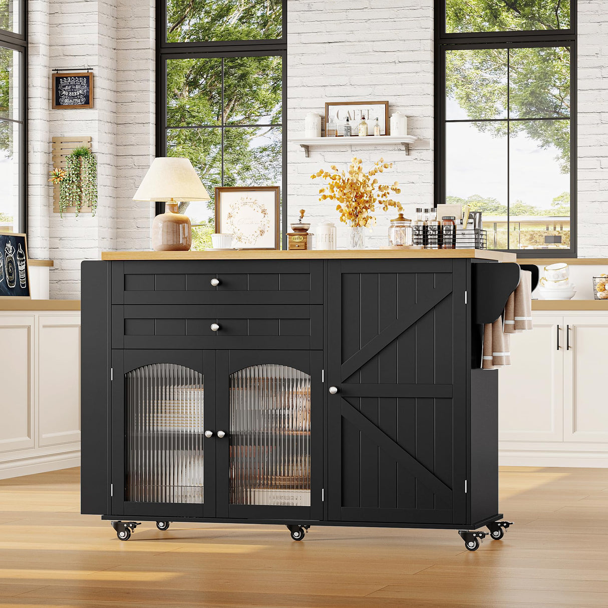 FINETONES Kitchen Island with Storage, Rolling Kitchen Island on Wheels with Wood Drop Leaf Countertop, Island Table Bar Cart with Spice Towel Rack Portable Kitchen Table Kitchen Carts on Wheels FINETONES