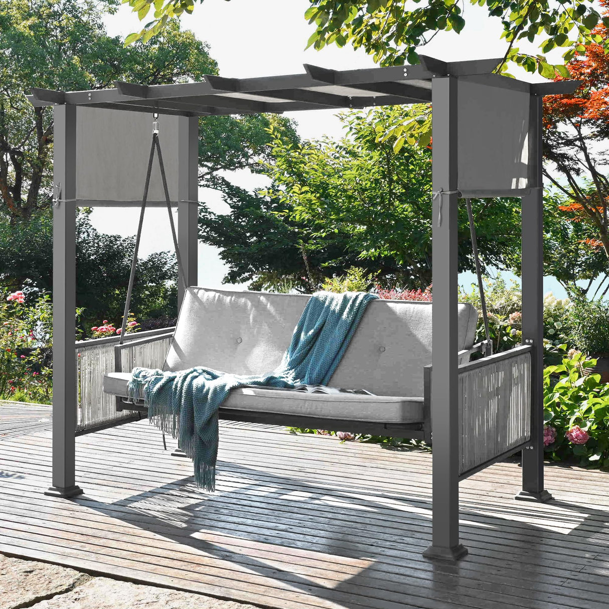 Pamapic 2-in-1 Convertible Porch Swing Bed, 3-Seat Elegant Patio Swing with Wicker Armrests, Outdoor Chair with Adjustable Canopy for Balcony, Garden, and Poolside, Gray Pamapic