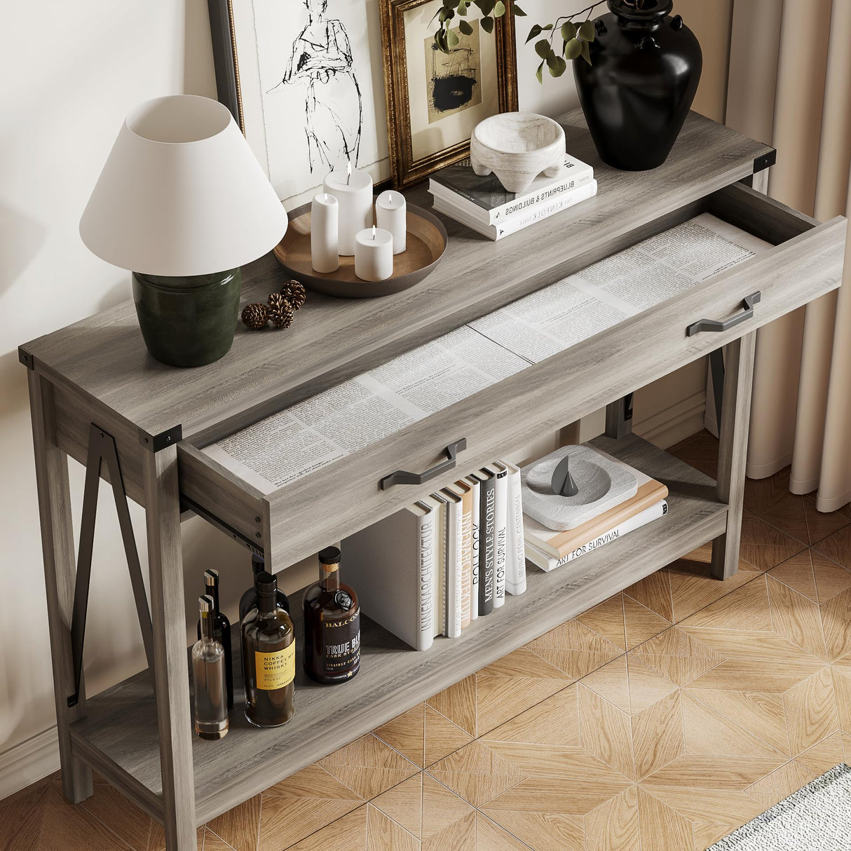 ChooChoo 47'' Farmhouse Console Table with Drawer, Entryway Table with Storage Shelf, Rustic A-Design Sofa Table for Hallway, Entrance, Living Room, Grey ChooChoo