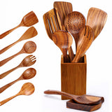 8-Piece Wooden Utensil Set for Cooking | Wooden Kitchen Utensils Set with Wooden Spoons, Spatulas, Ladle, Spoon Rest, Holder | Non-Toxic Wooden Cooking Utensils, Perfect for Non-Stick Cookware STORE INDYA