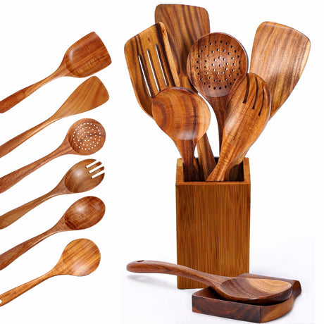 8-Piece Wooden Utensil Set for Cooking | Wooden Kitchen Utensils Set with Wooden Spoons, Spatulas, Ladle, Spoon Rest, Holder | Non-Toxic Wooden Cooking Utensils, Perfect for Non-Stick Cookware STORE INDYA