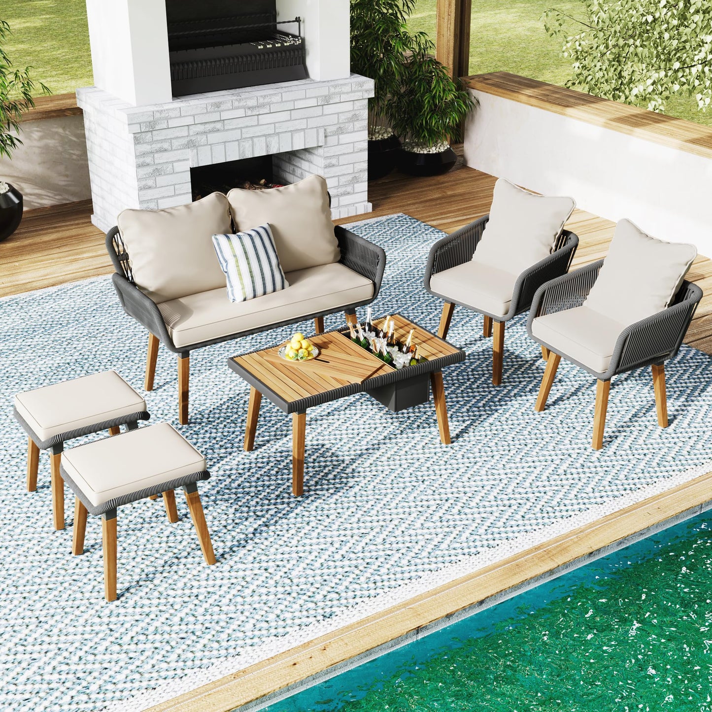 LZ LEISURE ZONE 6-Piece Beige Patio Conversation Set with Acacia Wood Cool Bar Table and Rope Weaving Chairs - WoodArtSupply