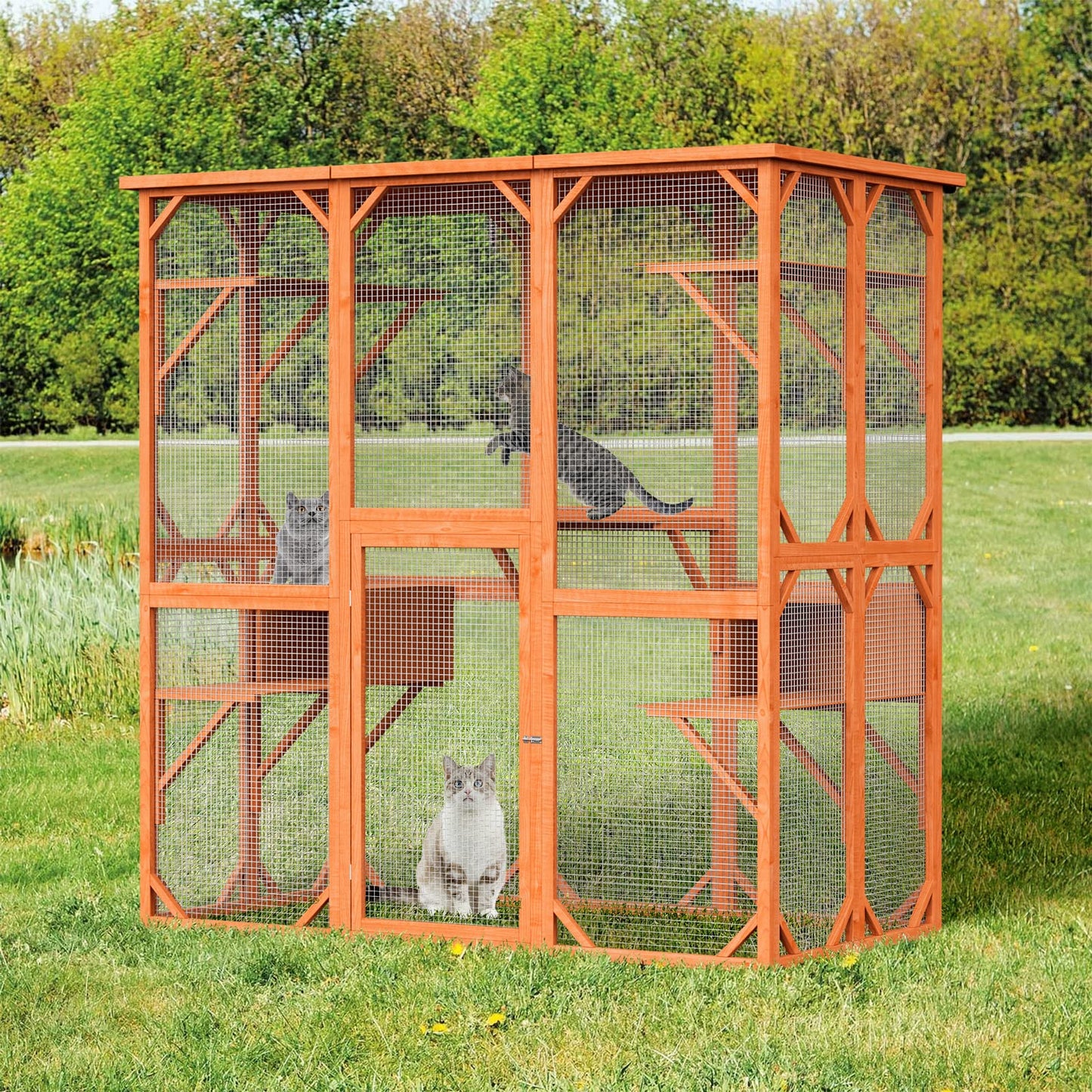 71 Inch Large Outdoor Cat House, Weatherproof Wooden Cats Catio Cat Cage Enclosure with 7 Platform and 2 Small House (Wood)