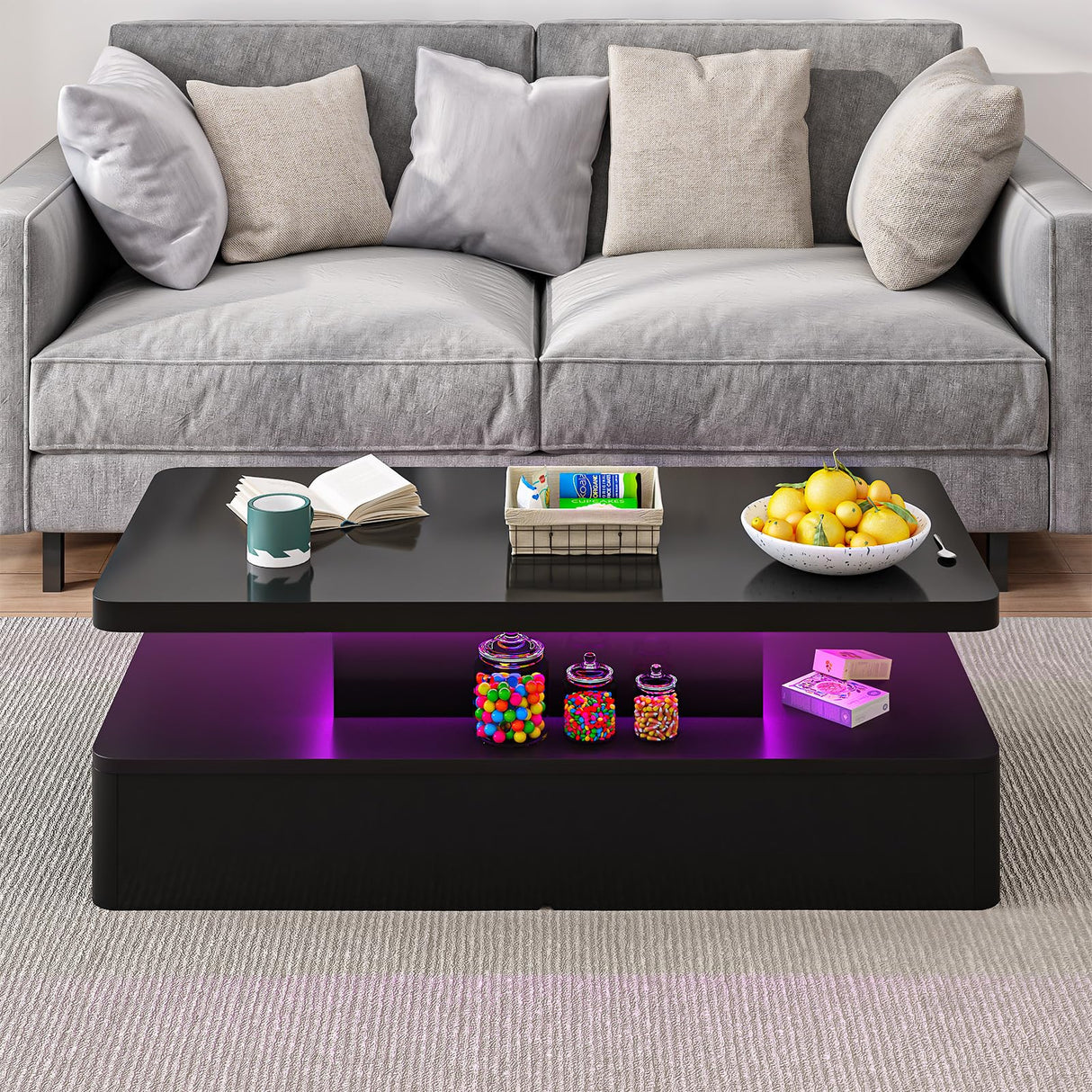 YISUFO 40" Modern Living Room Tables, LED Coffee Table with LED Lights, 2 Tier Rectangular Center Table with Large Storage, High Glossy Surface, Tea Table for Living Room, Black YISUFO