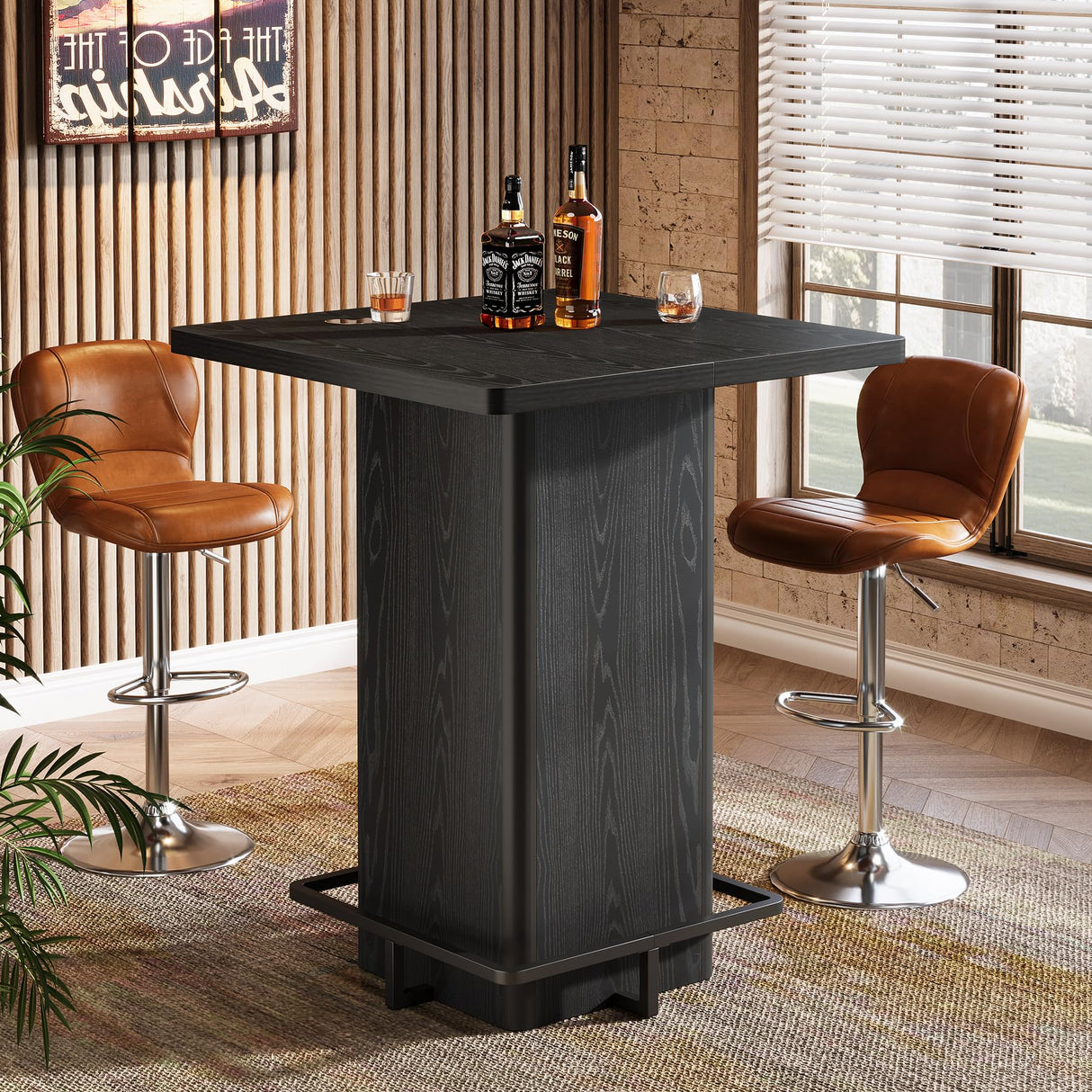 Tribesigns Bar Table, 39.37" High Wooden Square Bistro Pub Table with Metal Frame Footrest for Dining Coffee Cocktail Living Room, Small Space, Black Tribesigns
