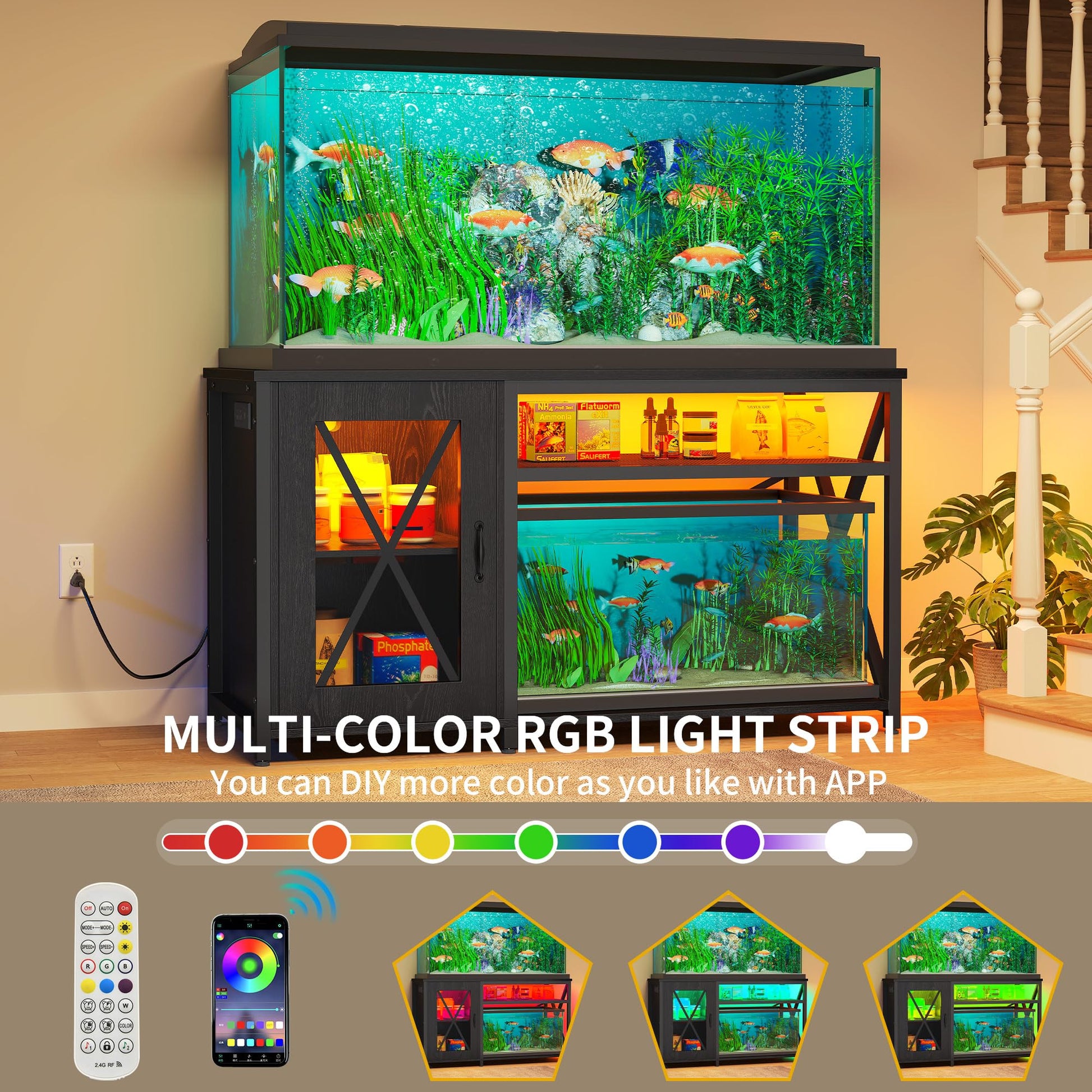 DWVO 55-75 Gallon Aquarium Stand with Power Outlets & LED Light, Cabinet for Fish Tank Accessories Storage - Metal Fish Tank Stand Suitable for Turtle Tank, Reptile Terrarium, 860LBS Capacity - WoodArtSupply