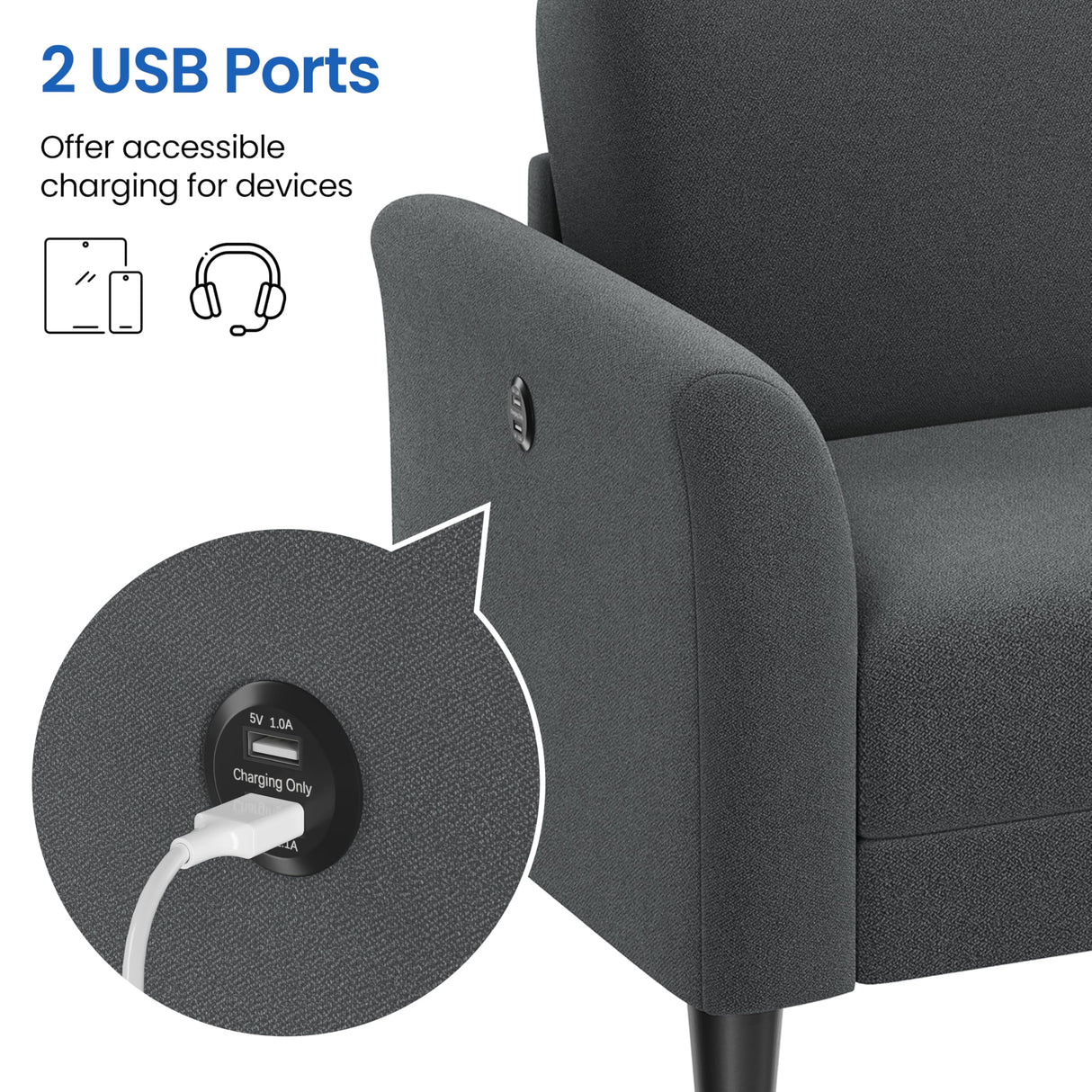 Yaheetech 67" W Loveseat Sofa Fabric Sofa Couch with 2 USB Charger Ports Mid-Century Modern 2 Seater Couch for Living Room, Bedroom, Apartment Dark Gray Yaheetech