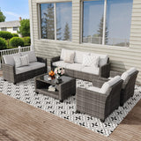 GarveeLife 5 Pieces Patio Furniture Set, 7-Seater Rattan Wicker Patio Conversation Sets with Coffee Table, Outdoor Sectional Patio Sofa Set, Grey Rattan and Grey Cushions GarveeLife