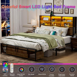 Farmhouse Full Size Bed Frame with Bookcase Headboard, Sliding Barn Door Storage, LED Lights, and Charging Station Alohappy