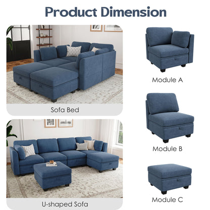 SOMEET Modular Sectional Sofa Couch with Storage, U Shaped Sectional Couches for Living Room with Chaise, 6 Seats Convertible Modular Sofa Couch High Supportive with Adjustable Backrest 112", Blue