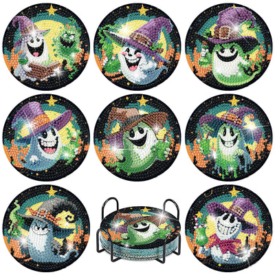 uuxsretaio 8 Pcs Halloween Diamond Art Coaster Kit, Diamond Painting Coasters for Adults, Non-Slip Crystal Sticky Coasters, Ideal for Table Protection & Present 4X4 Inch