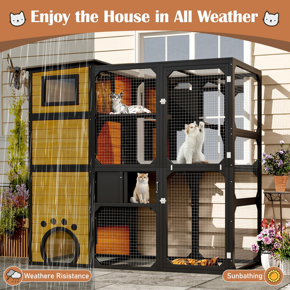 Merax Large Cat Catio 4 Tiers Cat Enclosure for Outdoor, Cat House Weatherproof Attached to Window for Multiple Cats with Platforms and Resting Rooms, Brown Merax