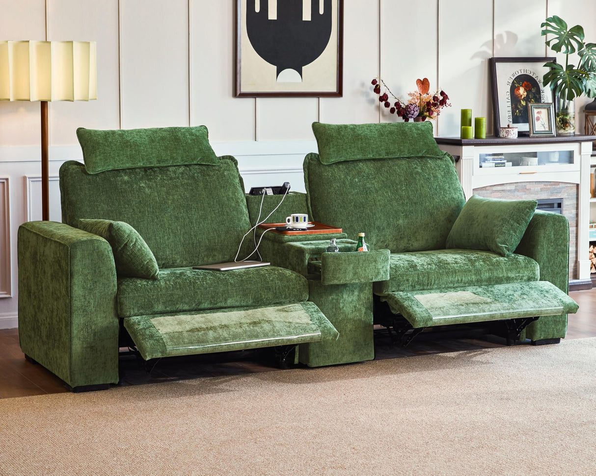 Bedeep 102.8'' Loveseat Power Recliner Sofa with Headrest, Oversized Cloud Modular Sectional Reclining Couch with Table, Storage Drawer, Charging, 2-Seater for RV Home Theater, Chenille, Green Bedeep