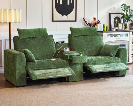 Bedeep 102.8'' Loveseat Power Recliner Sofa with Headrest, Oversized Cloud Modular Sectional Reclining Couch with Table, Storage Drawer, Charging, 2-Seater for RV Home Theater, Chenille, Green Bedeep