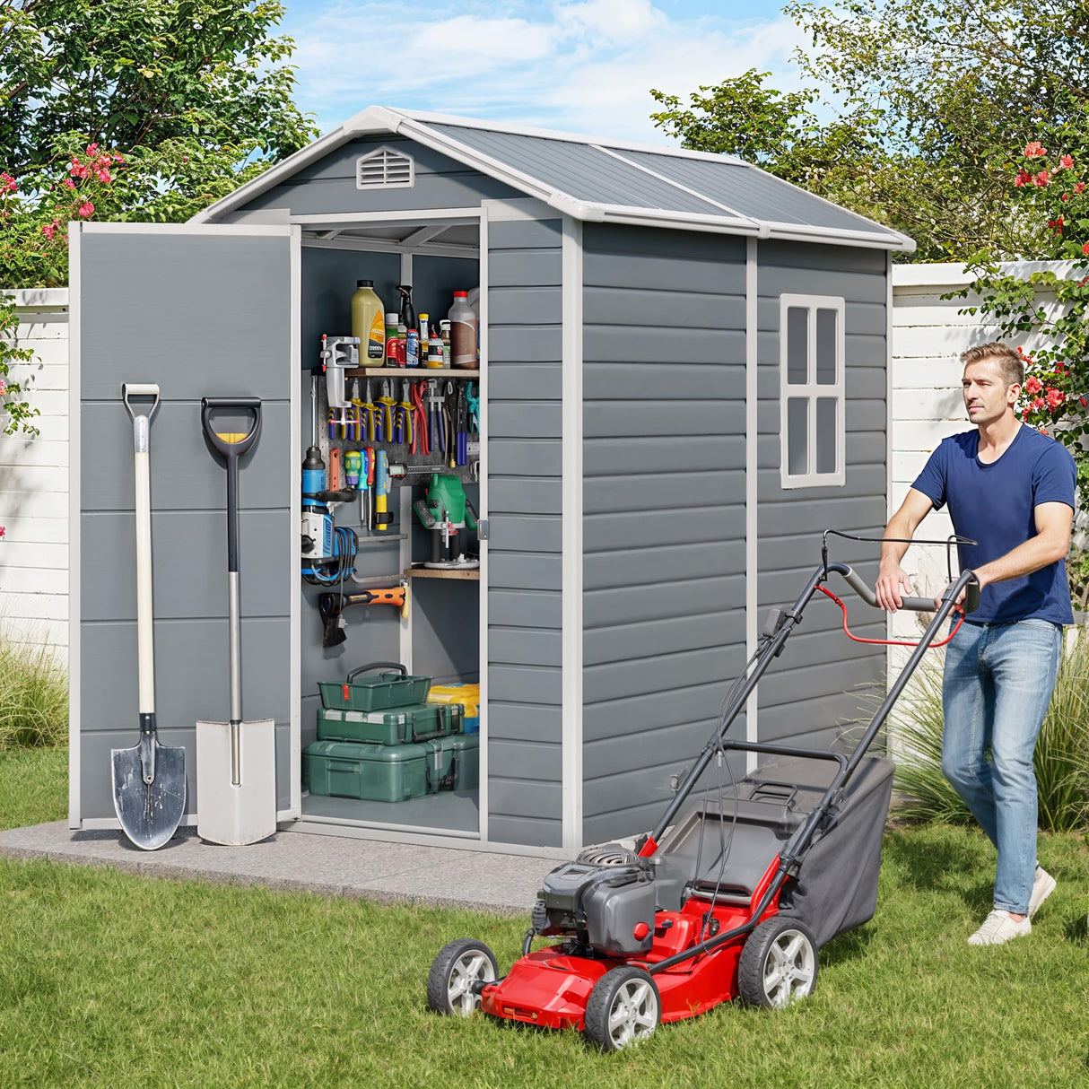 Gizoon 6x4 FT Outdoor Storage Shed with Floor, Resin Garden Tool Shed with Lockable Doors, Window, Vents, Reinforced Steel Frame, Waterproof Plastic Storage Sheds for Backyard, Patio, Lawn Gizoon