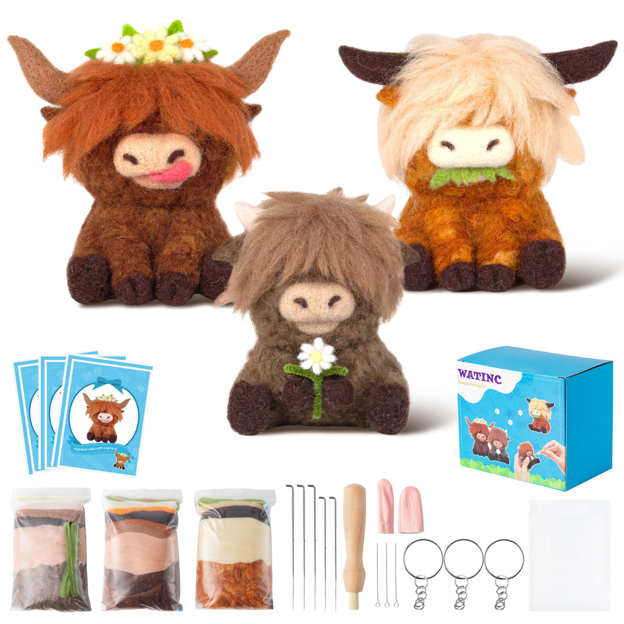 WATINC Highland Cow Needle Felting Kit - Set of 3 Different Highland Cow Doll Wool Felt Needle Felting Tools Foam Pad, DIY Home Decoration Needle Felting Craft Party Supplies for Beginners WATINC