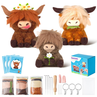 WATINC Highland Cow Needle Felting Kit - Set of 3 Different Highland Cow Doll Wool Felt Needle Felting Tools Foam Pad, DIY Home Decoration Needle Felting Craft Party Supplies for Beginners