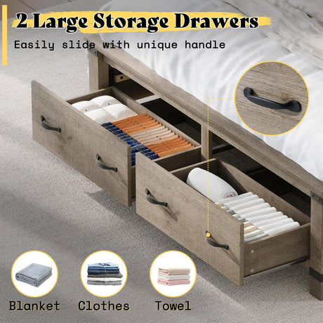 AMERLIFE Farmhouse Full Size Bed Frame with 54" Tall Geometric Headboard & Footboard, Rustic Wood Platform Bed Frame with Large Storage Drawers, Wood Slats Support, No Box Spring Needed, Rustic Grey AMERLIFE