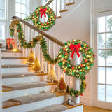 Yaheetech 30in Large Artificial Christmas Wreath, Pre-lit Holiday Accent Decoration with Red Bow, 110 LED Lights & 300 PVC Tips, Metal Structure for Door Wall & Mantel Yaheetech