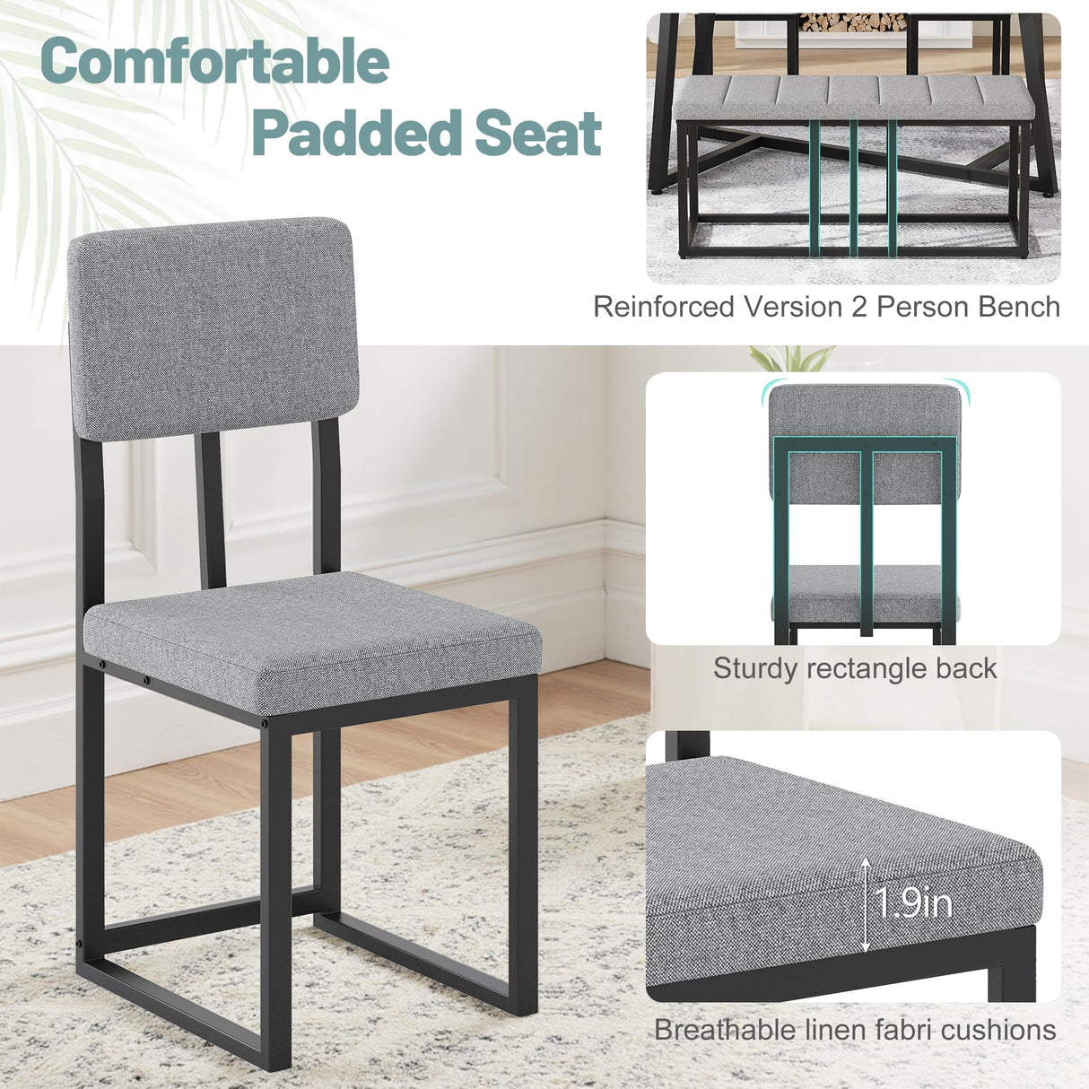 HUGROVE 6-Piece Dining Table Set, 51.18'' Faux Marble Rectangular Table with 4 Linen Upholstered Dining Chairs and Bench, Modern Kitchen & Dining Room Furniture for Family Gathering HUGROVE